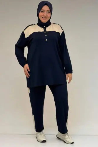 57042 Plus Size Half Button Snap Fastener Modal Pants Suit - Navy Blue - 1