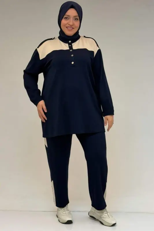 57042 Plus Size Half Button Snap Fastener Modal Pants Suit - Navy Blue - 1