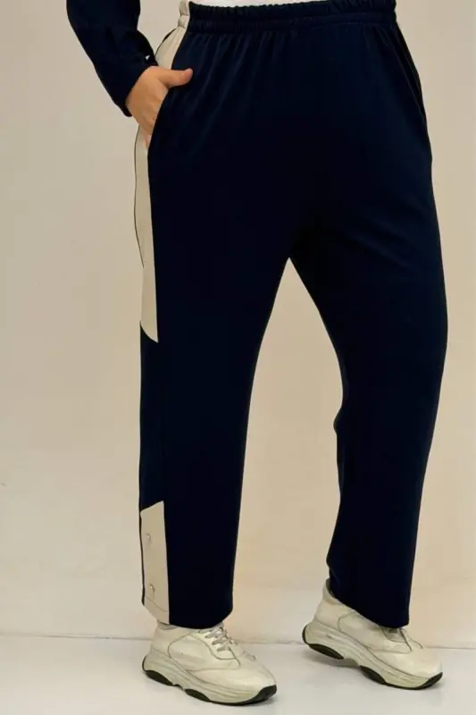 57042 Plus Size Half Button Snap Fastener Modal Pants Suit - Navy Blue - 3