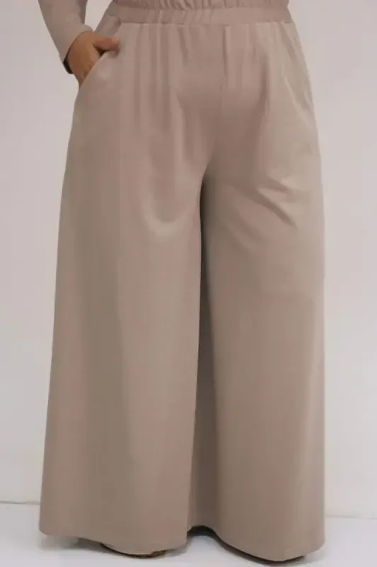 57043 Plus Size Slit Detail Modal Pants Set - Mink - 3