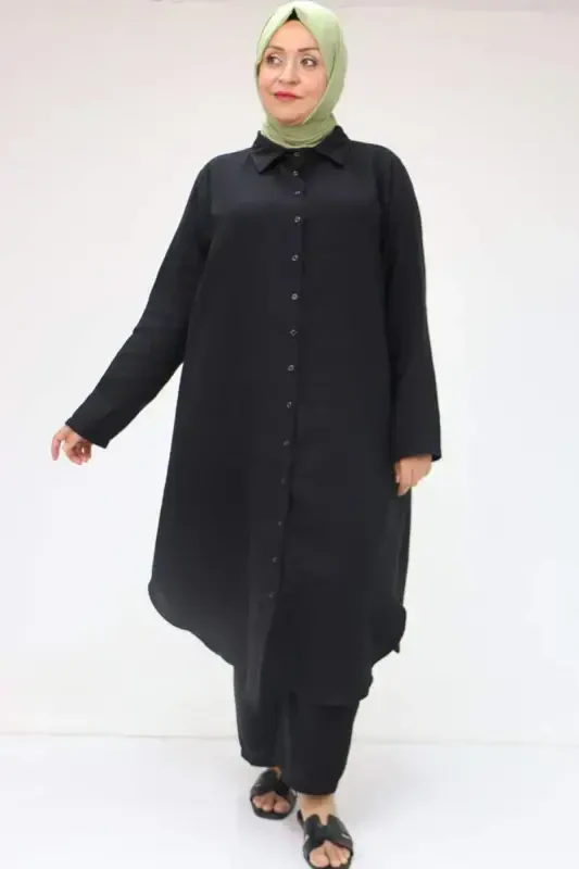 57047 Plus Size Muslin Pantsuit - Black - 1