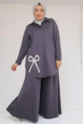 57055 Büyük Beden Gömleği Düğmeli Pantolonlu Modal Takım - Antrasit - 1