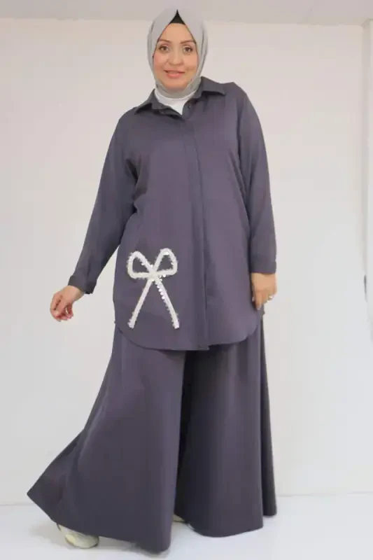 57055 Plus Size Shirt Buttoned Modal Pants Set - Anthracite - BÜYÜKBEDENIZ