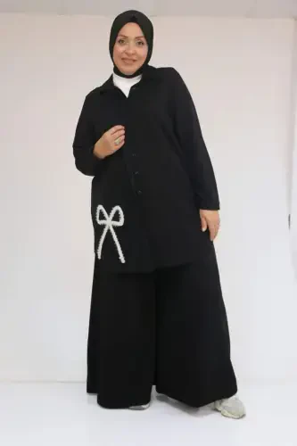 57055 Plus Size Shirt Buttoned Pants Modal Set - Black - 1