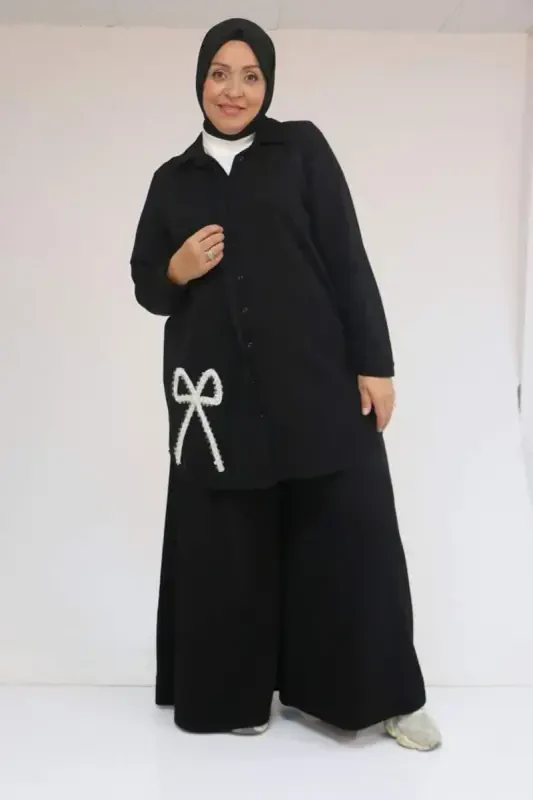 57055 Plus Size Shirt Buttoned Pants Modal Set - Black - 1