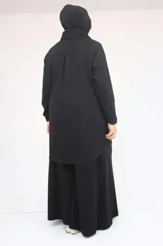 57055 Plus Size Shirt Buttoned Pants Modal Set - Black - 3