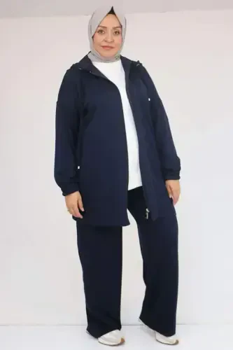 57056 Plus Size Colorful Trimmed Modal Pants Set - Navy Blue - 1