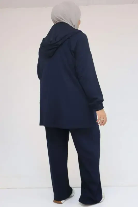 57056 Plus Size Colorful Trimmed Modal Pants Set - Navy Blue - 3