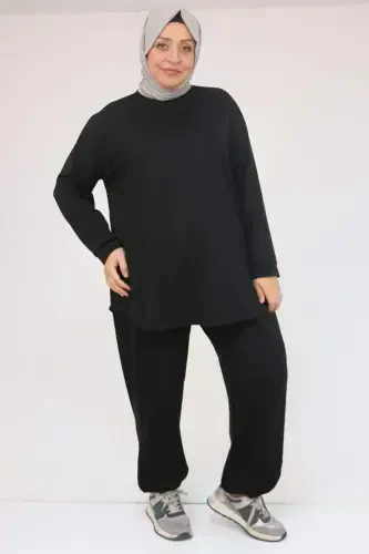 57058 Katta hajmli shimli modal ikki qismli kostyum - Qora - 1