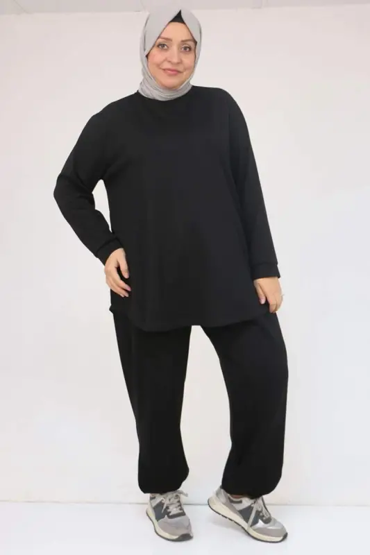 57058 Plus Size Trousers Modal Two Piece Set - Black - 1