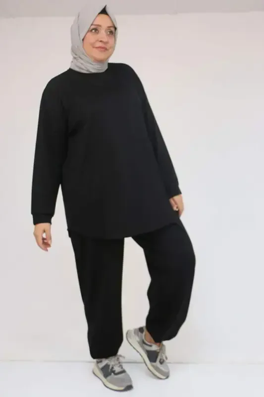 57058 Plus Size Trousers Modal Two Piece Set - Black - 2