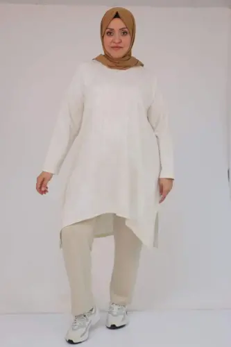 57070 Büyük Beden Önü Simetri Kesim Batik Pantolonlu Takım - Bej - 1