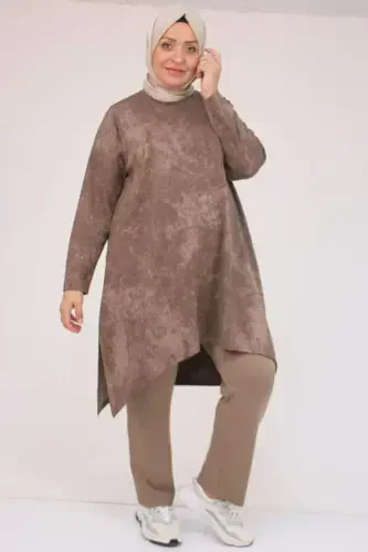 57070 Plus Size Front Symmetry Cut Batik Pantsuit - Mink - 1