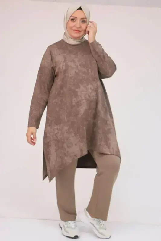 57070 Plus Size Front Symmetry Cut Batik Pantsuit - Mink - 1