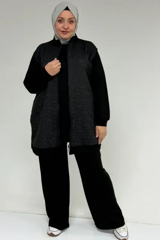 57304 Plus Size Jacketed Modal-Quilted Three Piece Set - Black-Black - BÜYÜKBEDENIZ