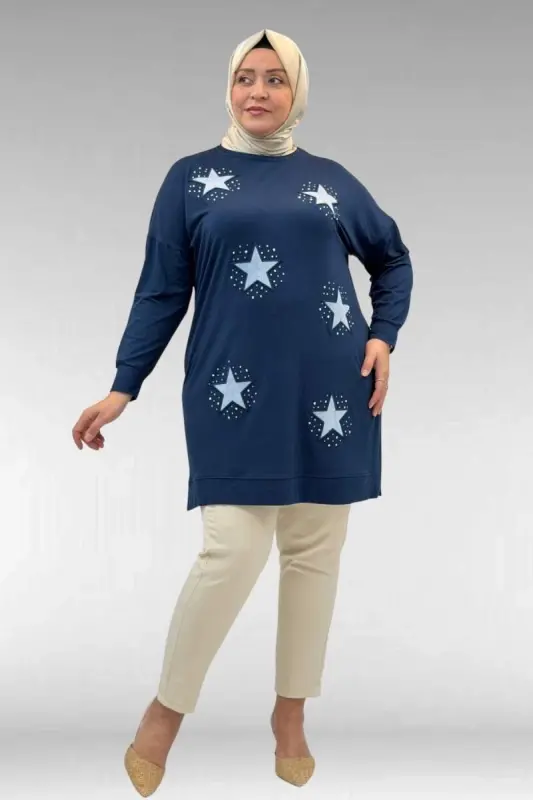 58013 Büyük Beden Önü Yıldız Ve Taş Detaylı Penye Tunik - İndigo - BÜYÜKBEDENIZ