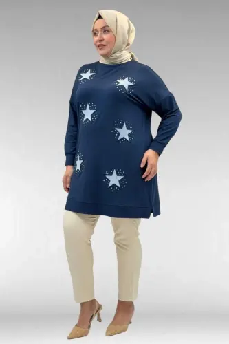 58013 Büyük Beden Önü Yıldız Ve Taş Detaylı Penye Tunik - İndigo - 3