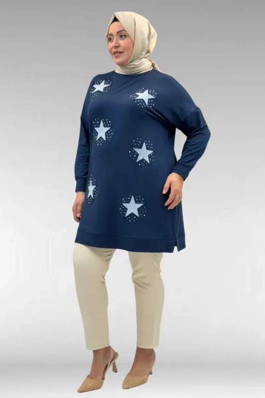 58013 Büyük Beden Önü Yıldız Ve Taş Detaylı Penye Tunik - İndigo - 3