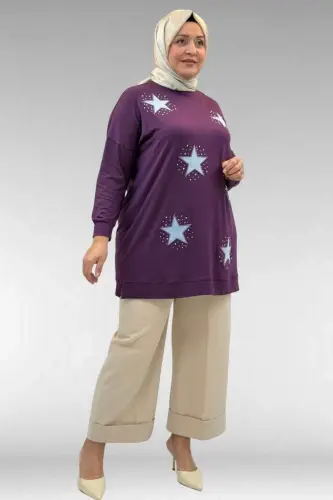 58013 Büyük Beden Önü Yıldız Ve Taş Detaylı Penye Tunik - Mürdüm - 1