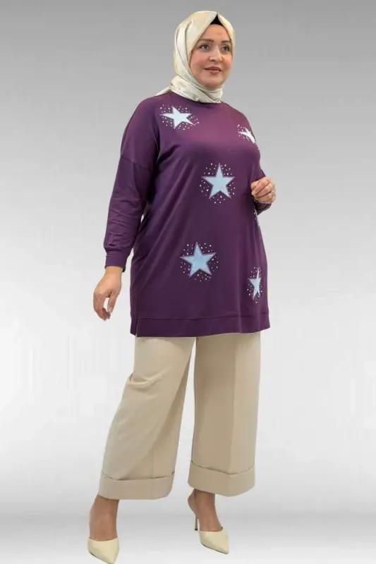 58013 Büyük Beden Önü Yıldız Ve Taş Detaylı Penye Tunik - Mürdüm - 1
