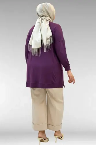 58013 Büyük Beden Önü Yıldız Ve Taş Detaylı Penye Tunik - Mürdüm - 3