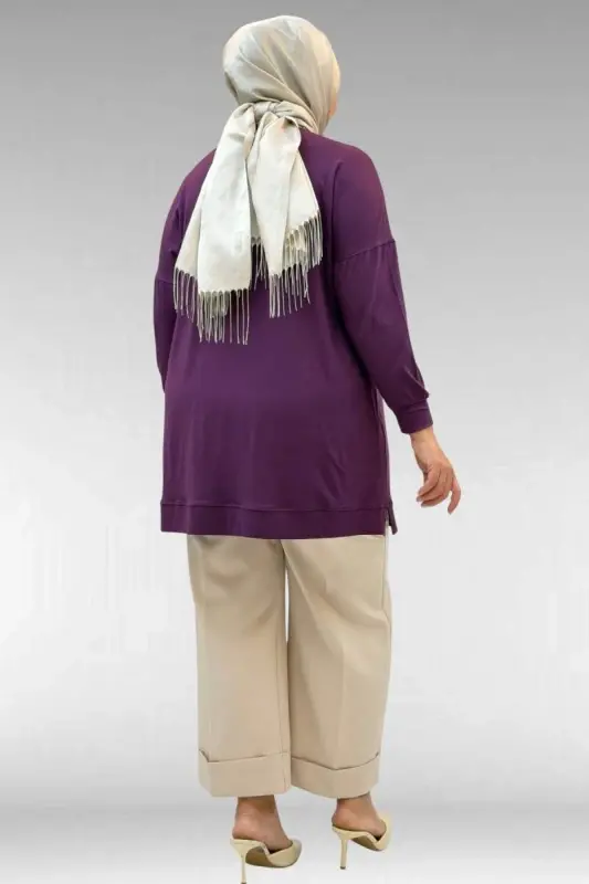 58013 Büyük Beden Önü Yıldız Ve Taş Detaylı Penye Tunik - Mürdüm - 3