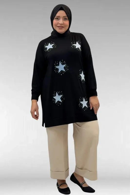 58013 Büyük Beden Önü Yıldız Ve Taş Detaylı Penye Tunik - Siyah - BÜYÜKBEDENIZ