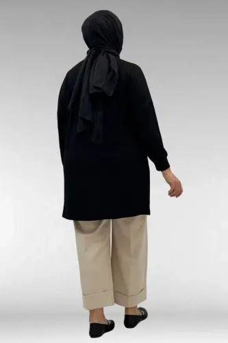 58013 Büyük Beden Önü Yıldız Ve Taş Detaylı Penye Tunik - Siyah - 3