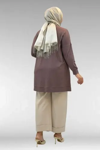 58013 Büyük Beden Önü Yıldız Ve Taş Detaylı Penye Tunik - Vizon - 3