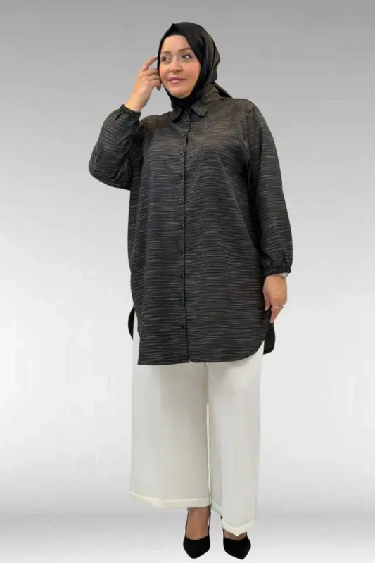 58068 Büyük Beden Erkek Yakalı Gömlek - Siyah Kırçıllı - 1