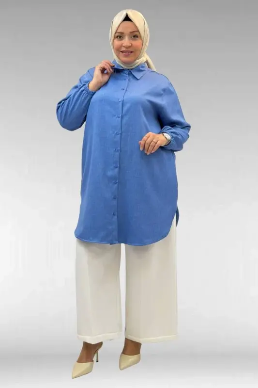 58068 Plus Size Men's Collared Shirt - Indigo - BÜYÜKBEDENIZ