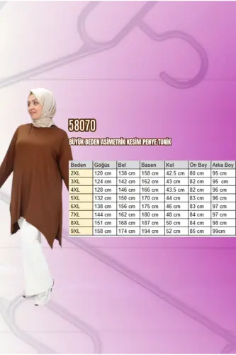 58070 Büyük Beden Asimetrik Kesim Penye Tunik - Kahve - BÜYÜKBEDENIZ (1)
