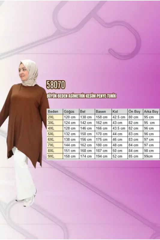 58070 Büyük Beden Asimetrik Kesim Penye Tunik - Kahve - 2
