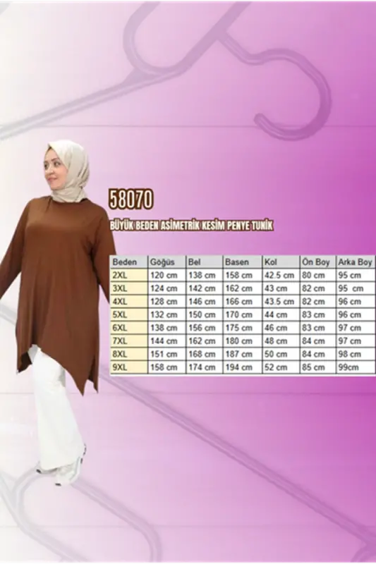 58070 Büyük Beden Asimetrik Kesim Penye Tunik - Kiremit - 2