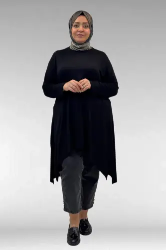 58070 Büyük Beden Asimetrik Kesim Penye Tunik - Siyah - 1