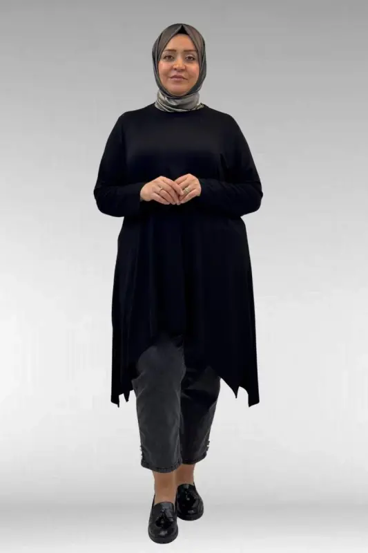 58070 Büyük Beden Asimetrik Kesim Penye Tunik - Siyah - 1