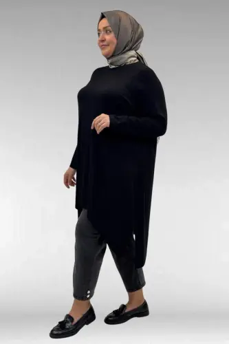 58070 Büyük Beden Asimetrik Kesim Penye Tunik - Siyah - 3