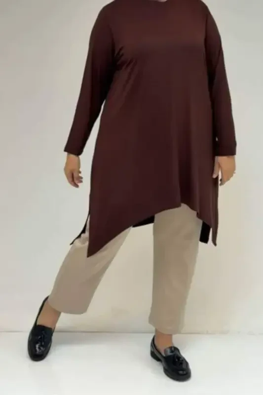 58070 Plus Size Asymmetric Cut Knitted Tunic - Brown - BÜYÜKBEDENIZ