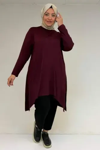 58070 Plus Size Asymmetric Cut Knitted Tunic - Burgundy - 1