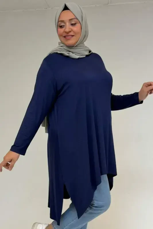 58070 Plus Size Asymmetric Cut Knitted Tunic - Indigo - BÜYÜKBEDENIZ