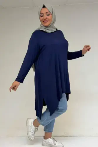 58070 Plus Size Asymmetric Cut Knitted Tunic - Indigo - BÜYÜKBEDENIZ (1)