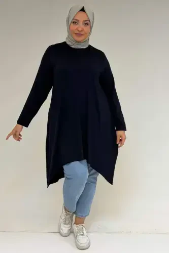58070 Plus Size Asymmetric Cut Knitted Tunic - Navy Blue - 1