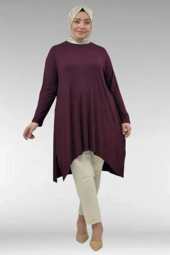 58070 Plus Size Asymmetrical Cut Combed Cotton Tunic - Claret Red - BÜYÜKBEDENIZ (1)