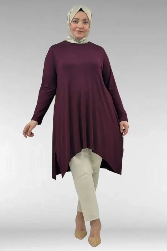 58070 Plus Size Asymmetrical Cut Combed Cotton Tunic - Claret Red - 2