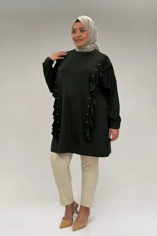 58074 Büyük Beden Fırfır Ve Taş Detaylı Penye Tunik - Haki - 3