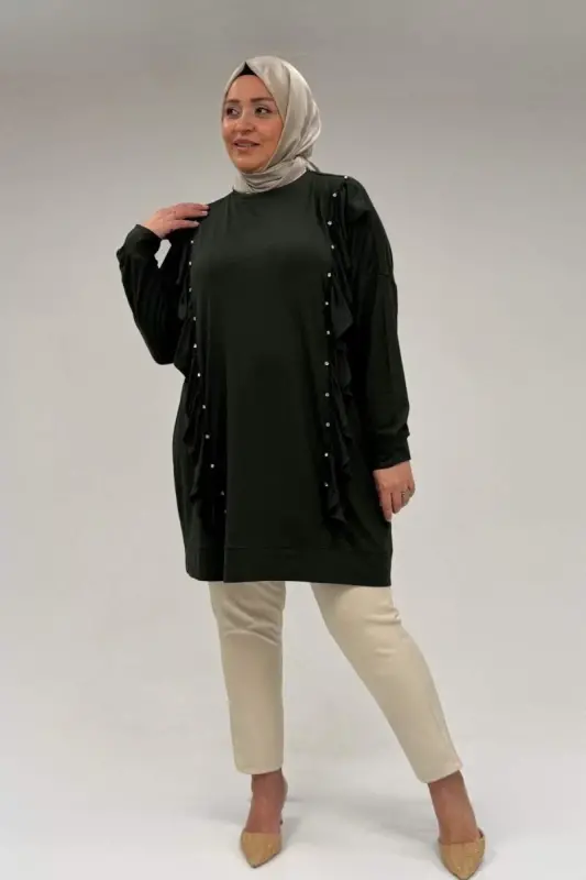 58074 Büyük Beden Fırfır Ve Taş Detaylı Penye Tunik - Haki - 4