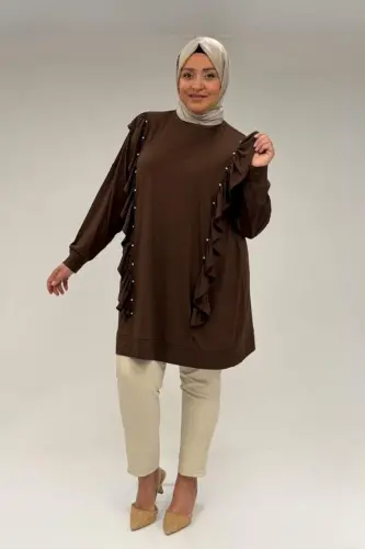 58074 Büyük Beden Fırfır Ve Taş Detaylı Penye Tunik - Kahve - 1