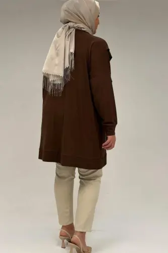 58074 Büyük Beden Fırfır Ve Taş Detaylı Penye Tunik - Kahve - 3