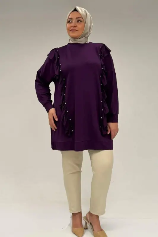 58074 Büyük Beden Fırfır Ve Taş Detaylı Penye Tunik - Mürdüm - 3