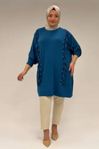 58074 Büyük Beden Fırfır Ve Taş Detaylı Penye Tunik - Petrol - 1